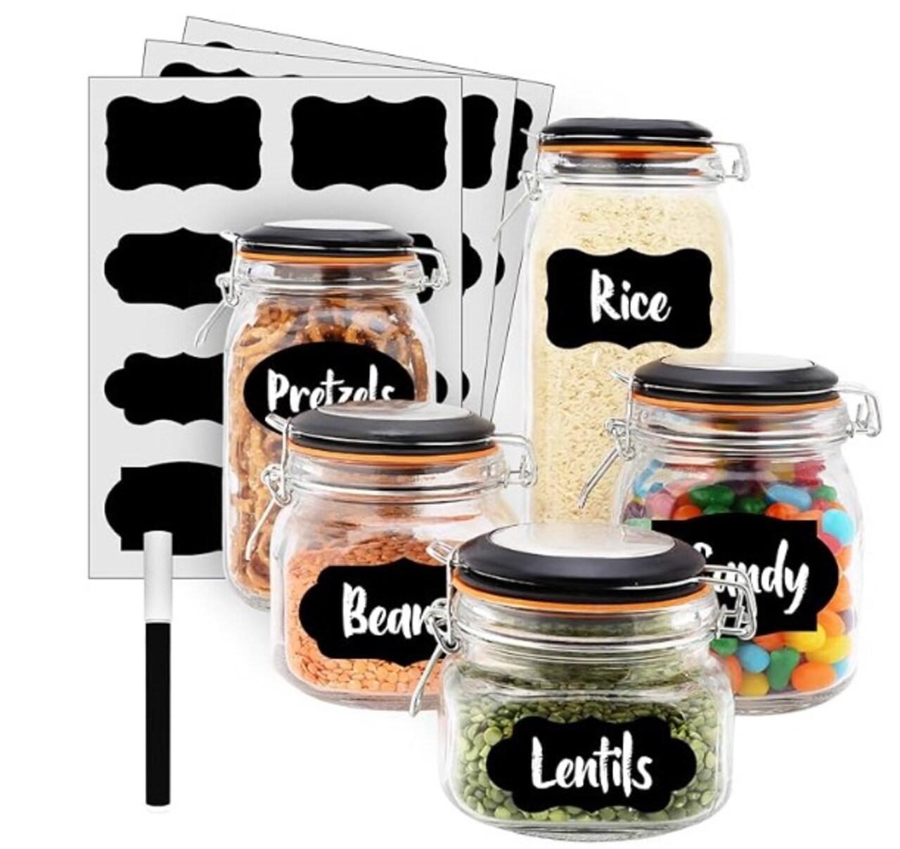 Set of 5 Assorted Food Storage Containers with Bail & Trigger Clasp Lid | Airtight Glass Kitchen Canisters with Premium Black Labels and a White Marker | Pantry Organization